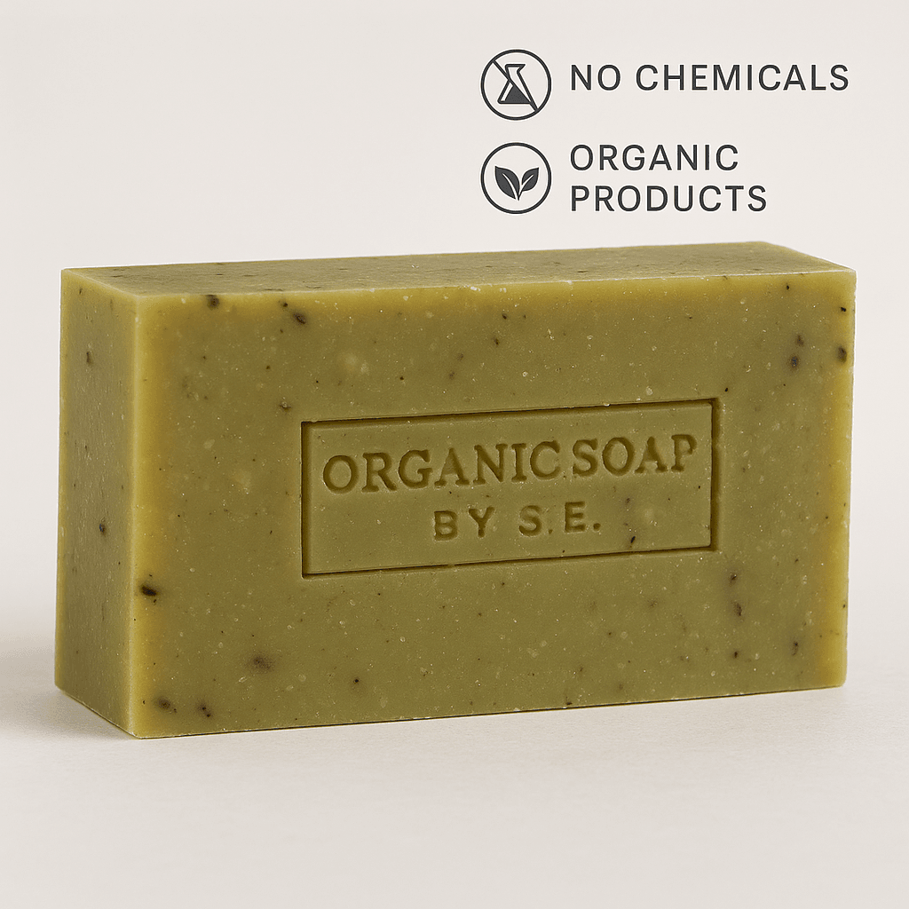 Close-up of green organic soap bar by S.E. with natural specks – minimal product photo, ecobeaut.com, no chemicals, organic products
