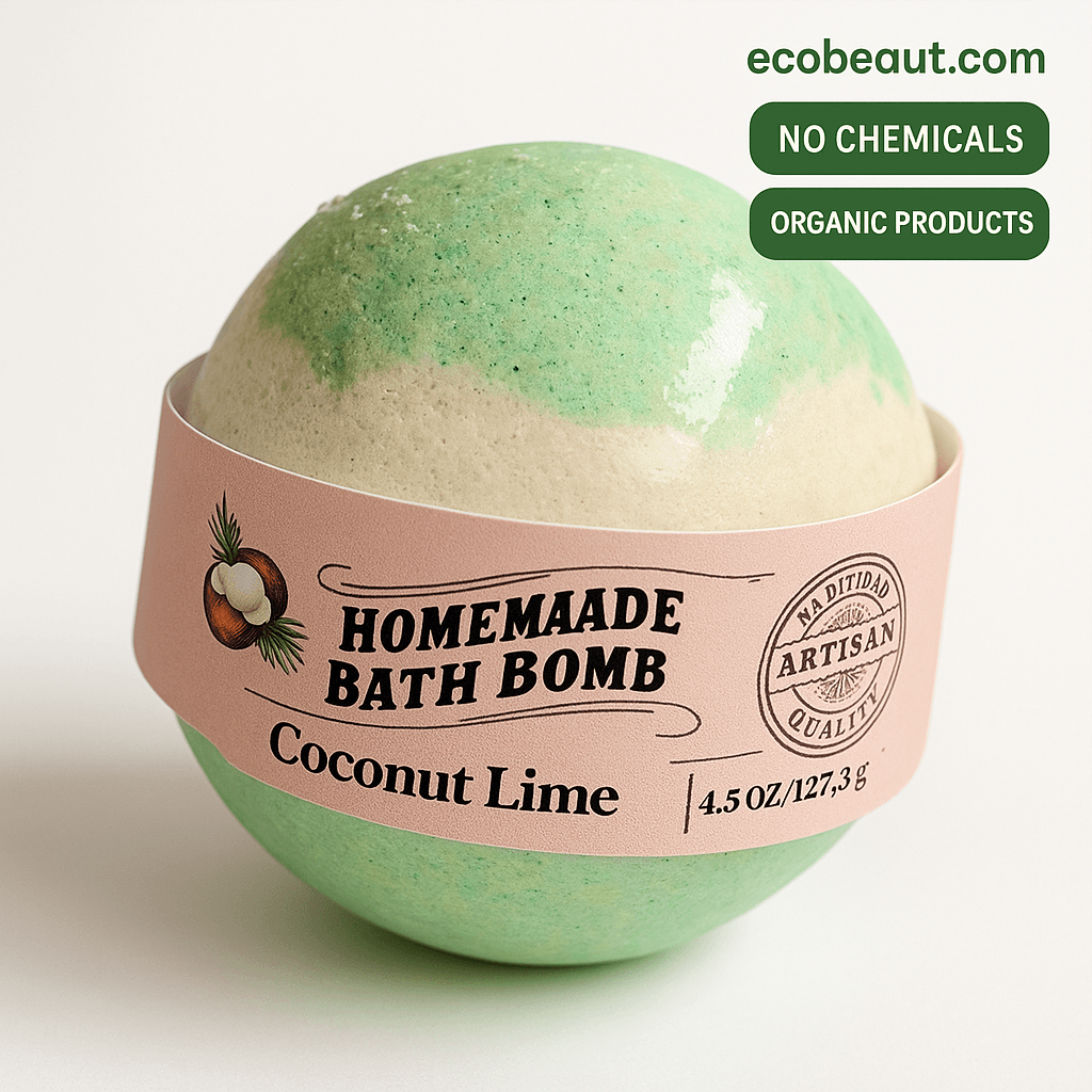 Close-up of handmade Coconut Lime bath bomb on white background with 'No Chemicals' and 'Organic Products' tags – ecobeaut.com