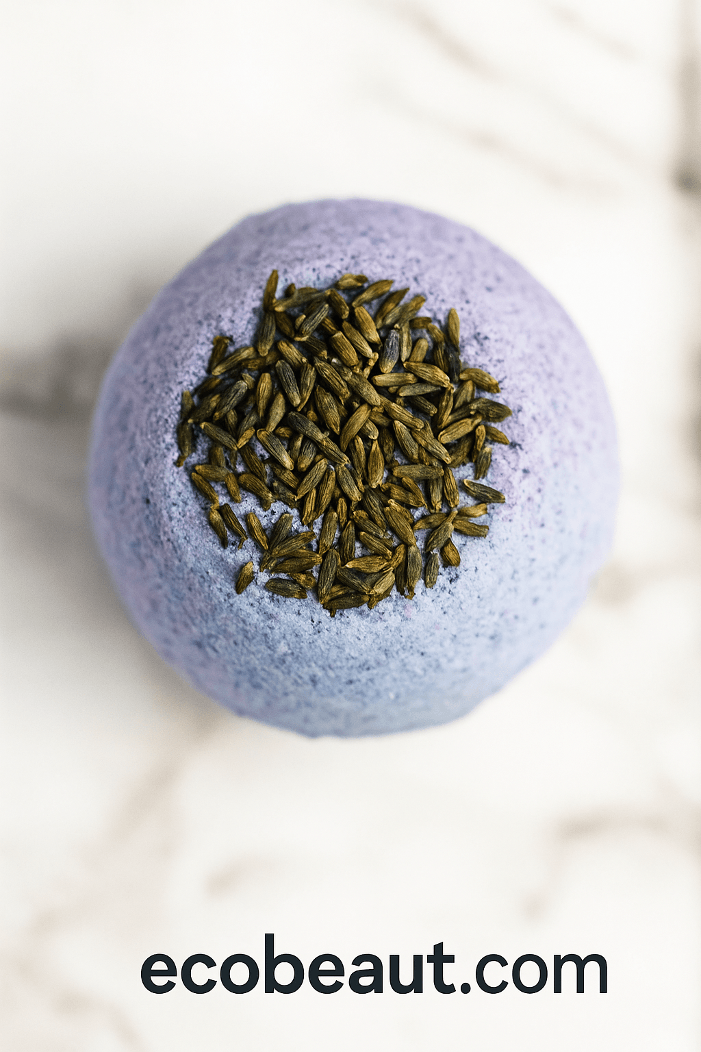 Close-up of handmade lavender bath bomb with dried buds on marble background – artisan bath bomb by ecobeaut.com