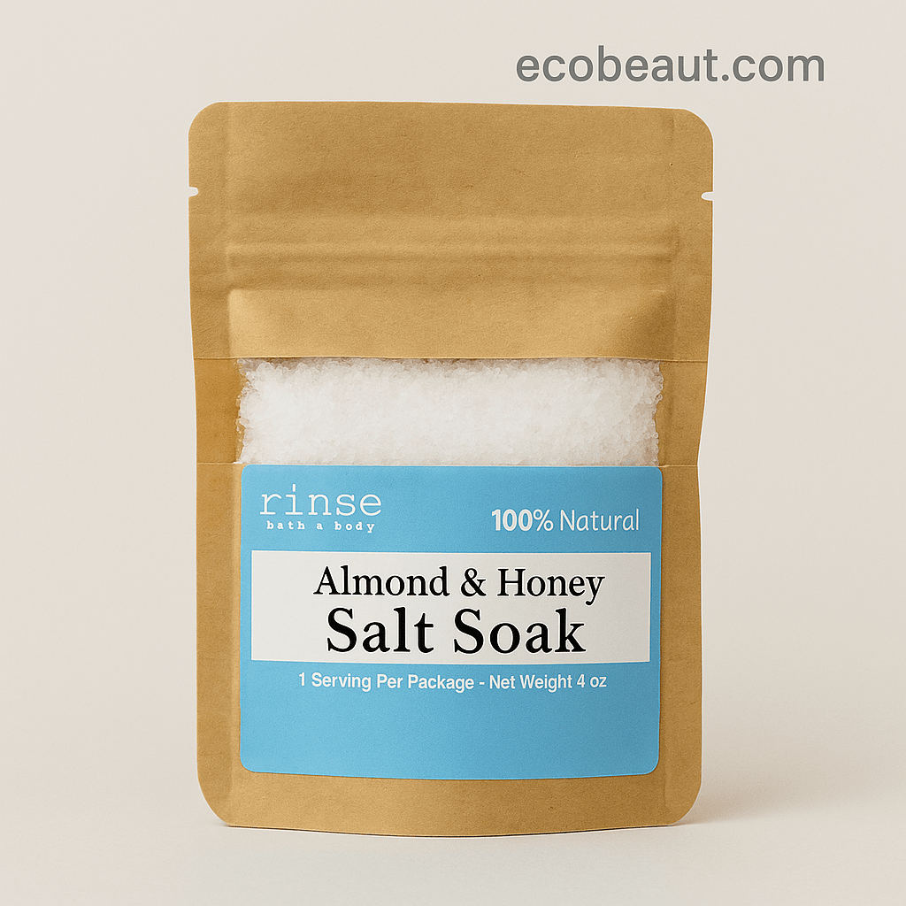 Close-up of kraft pouch filled with Almond and Honey Salt Soak – natural handmade bath product from ecobeaut.com


