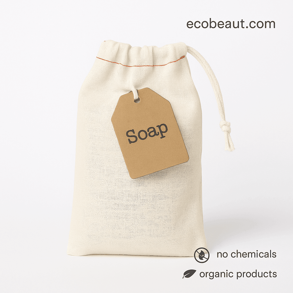 Close-up of muslin drawstring soap bag with kraft label – organic bath tea, no chemicals, eco-friendly, minimalist white background