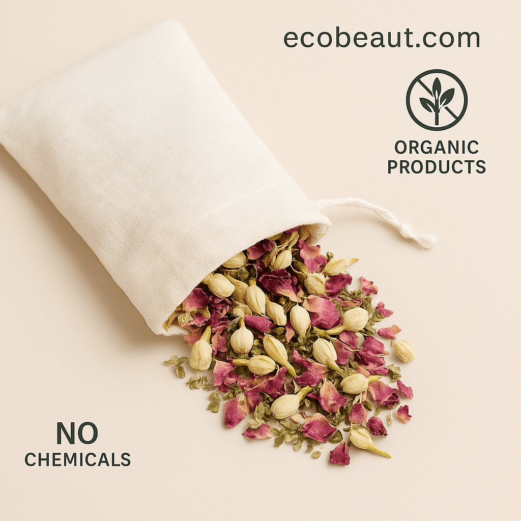 Close-up of muslin pouch spilling dried rose petals and jasmine onto beige background – organic herbal bath tea labeled no chemicals, ecobeaut.com