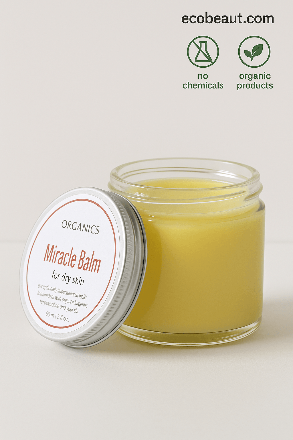 Close-up of open jar of Miracle Balm for dry skin with silver lid and clear label – organic skincare product with no chemicals, ecobeaut.com