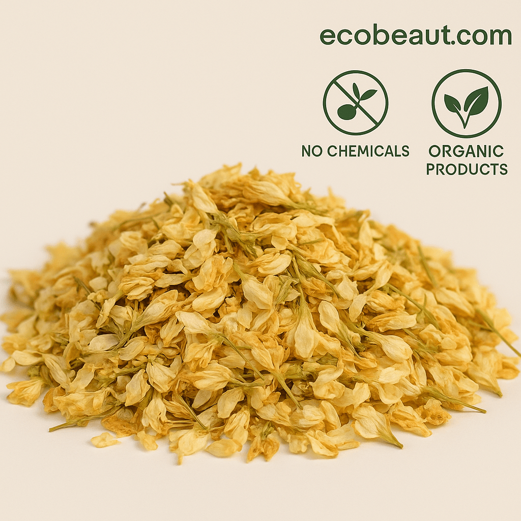 Close-up of organic dried jasmine flowers on a neutral background with 'No Chemicals' and 'Organic Products' icons – ecobeaut.com