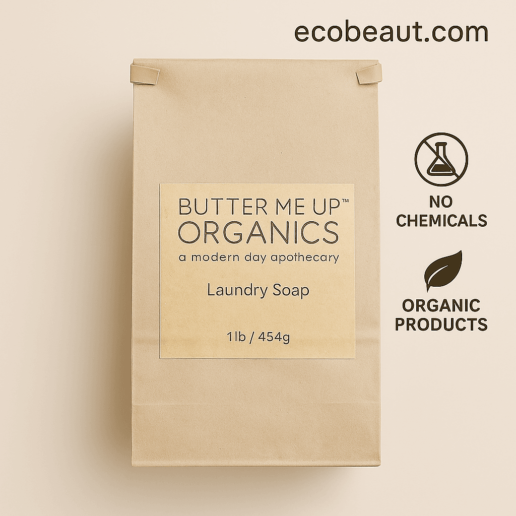 Close-up of organic laundry soap paper bag on neutral background, highlighting natural ingredients and sustainable packaging – ecobeaut.com