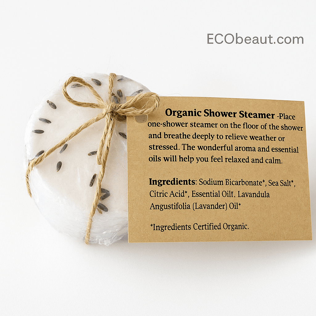 Close-up of organic shower steamer with kraft ingredient label and lavender buds – all-natural aromatherapy from ecobeaut.com