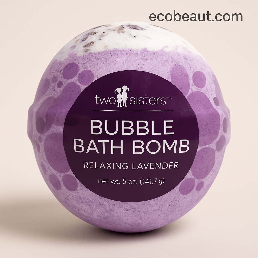 Close-up of purple and white bubble bath bomb labeled Relaxing Lavender – handmade bath bomb by Two Sisters, sold on ecobeaut.com