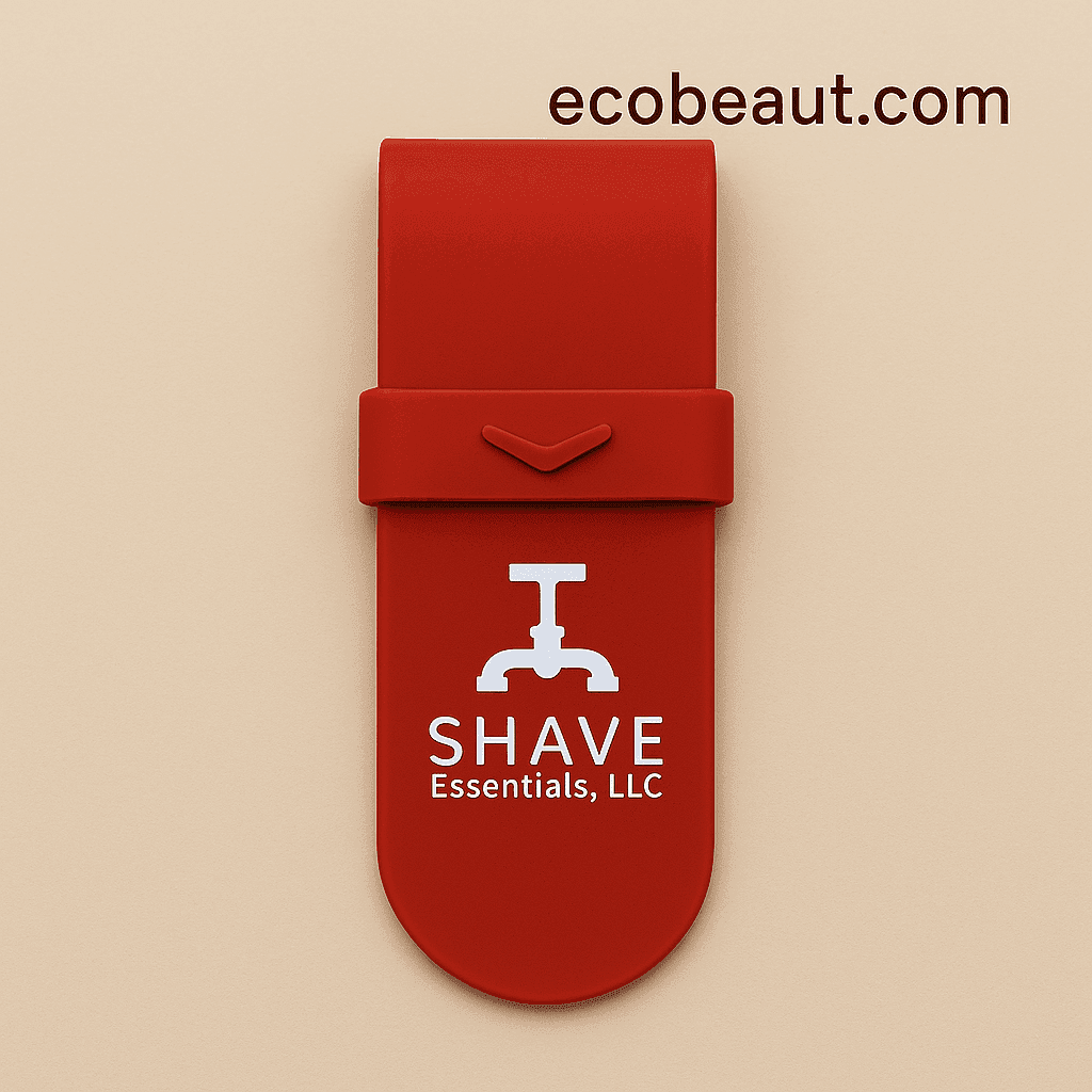 Close-up of red SHAVE Essentials razor case on neutral background with ecobeaut.com branding in the corner