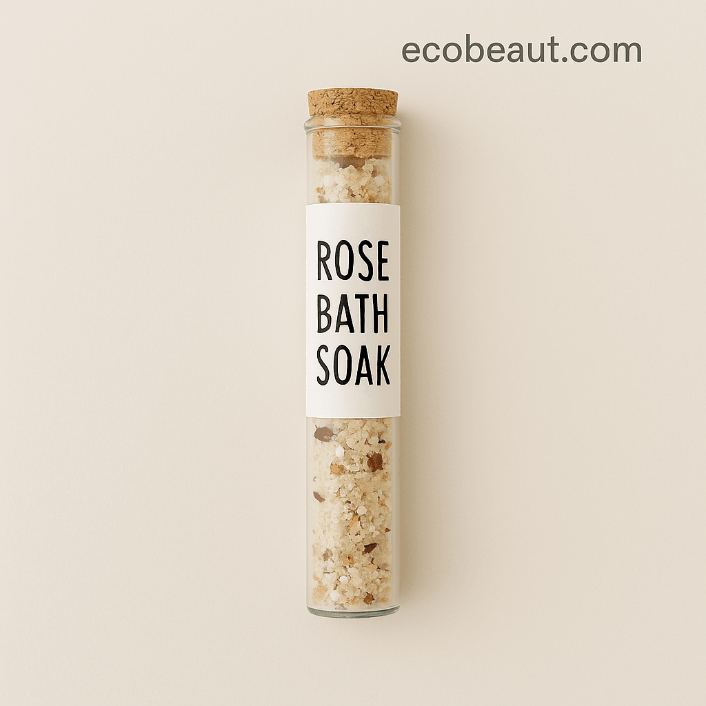 Close-up of rose bath soak in a transparent glass tube with cork – organic handmade bath salt from ecobeaut.com

