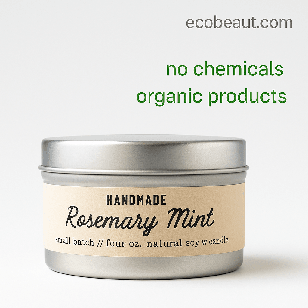 Close-up of rosemary mint handmade candle in silver tin – labeled as organic product with no chemicals from ecobeaut.com
