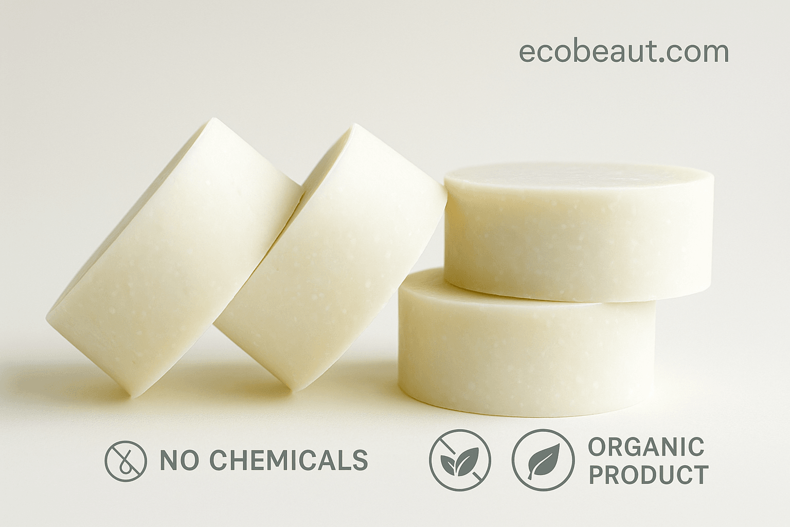 Close-up of round organic soap bars on beige background – no chemicals, handmade product from ecobeaut.com