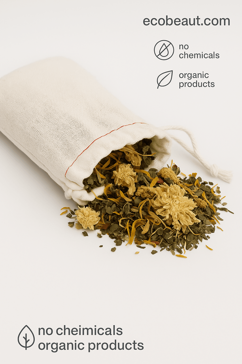 Close-up of soothing herbal bath tea spilling from eco-friendly fabric pouch – organic skincare product by ecobeaut.com