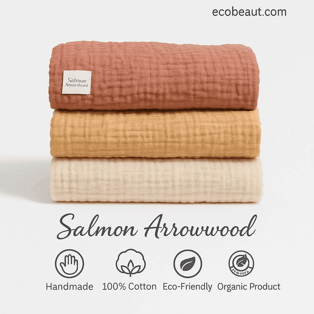 Close-up of textured crinkled cotton blankets in beige, peach, and clay shades – 100% organic cotton, handmade and eco-conscious by Salmon Arrowwood.