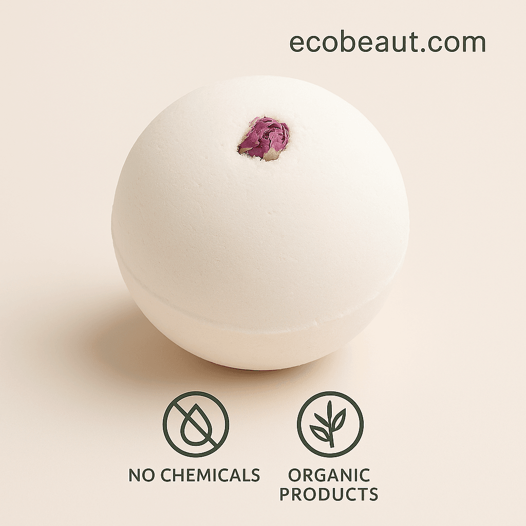 Close-up of white bath bomb with dried rosebud center, minimal background with eco-friendly labels – no chemicals, organic product, ecobeaut.com