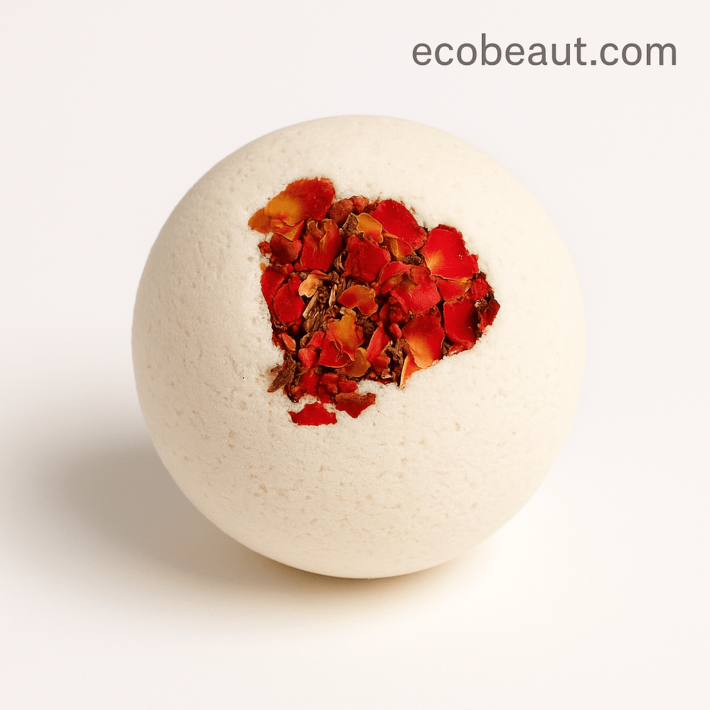Close-up of white rose petal bath bomb with heart-shaped flower topping – artisan bath bomb from ecobeaut.com
