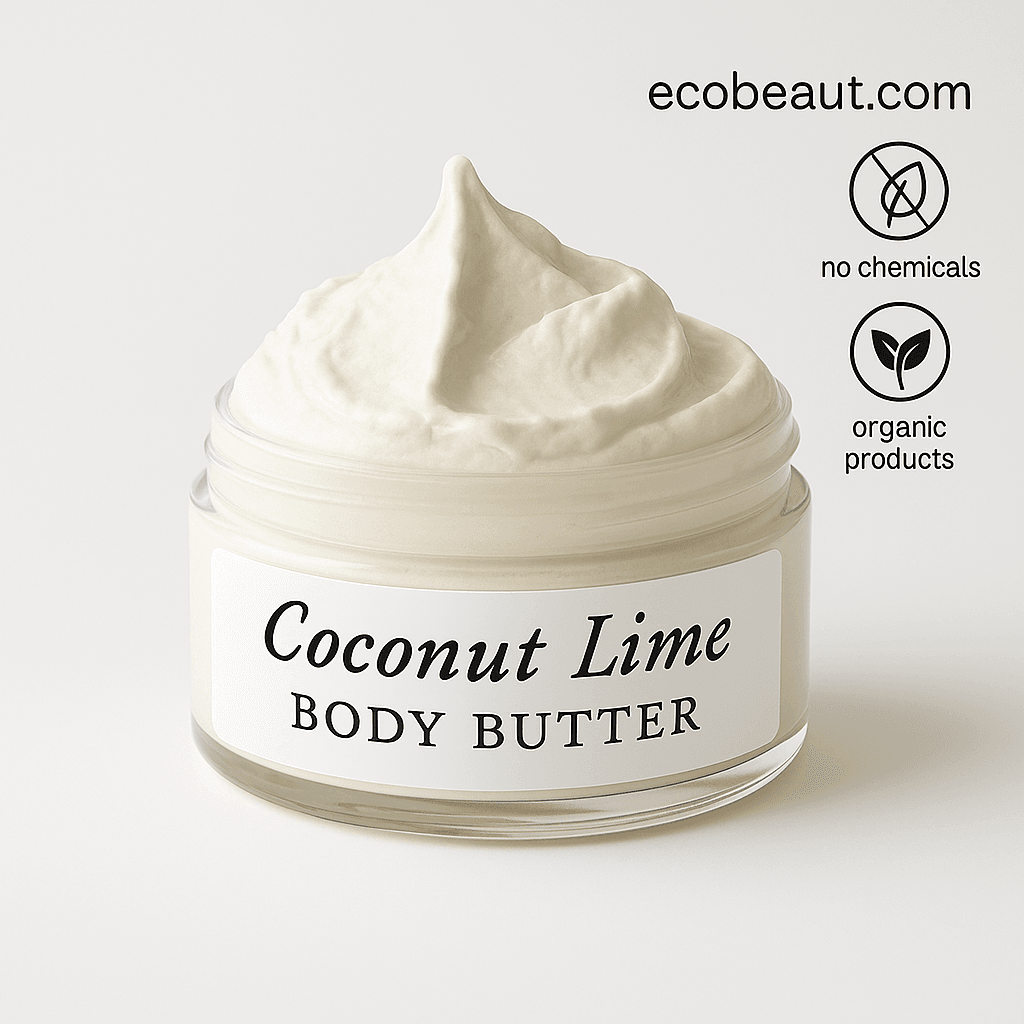 Coconut Lime Body Butter in a clear glass jar with a creamy texture and minimalist white label, displayed on a clean white background with eco-friendly labels "no chemicals," "organic products," and ecobeaut.com in the top right corner








