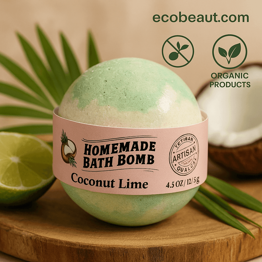 Coconut Lime bath bomb on a wooden surface with coconut, lime, and palm leaf, labeled 'No Chemicals' and 'Organic Products' – ecobeaut.com