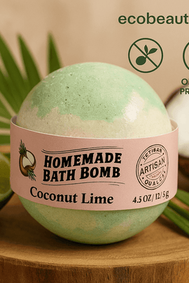 Coconut Lime bath bomb on a wooden surface with coconut, lime, and palm leaf, labeled 'No Chemicals' and 'Organic Products' – ecobeaut.com