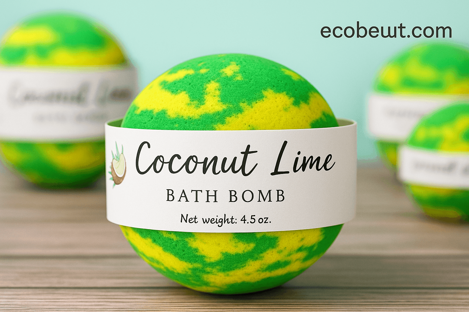 "Coconut Lime bath bomb on a wooden surface with green and yellow marbling – tropical handmade bath product from ecobeaut.com