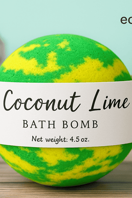 "Coconut Lime bath bomb on a wooden surface with green and yellow marbling – tropical handmade bath product from ecobeaut.com