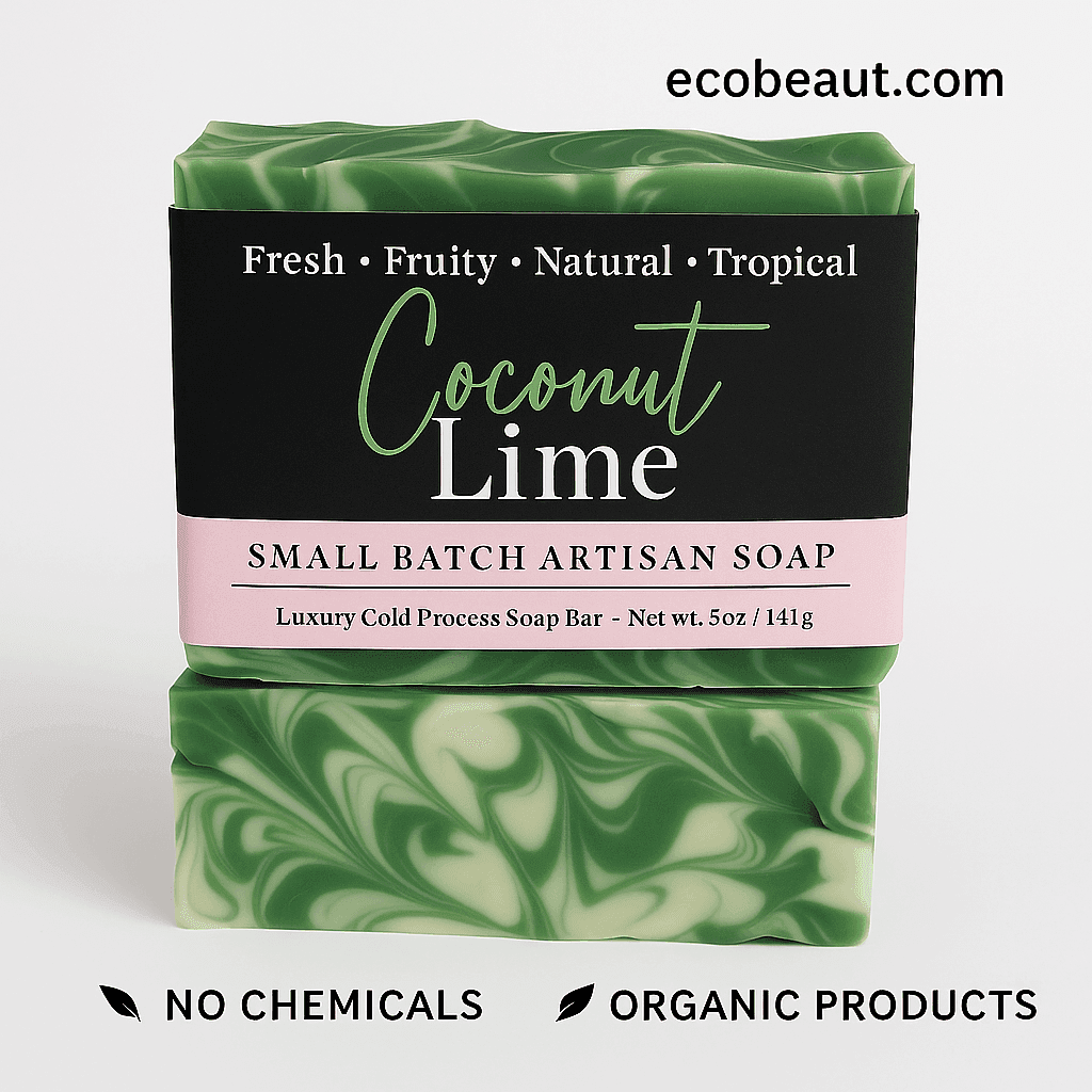 Coconut Lime small batch artisan soap with green and white marbling on a white background. ecobeaut.com is in the top right corner, with eco-labels 'NO CHEMICALS' and 'ORGANIC PRODUCTS' at the bottom.