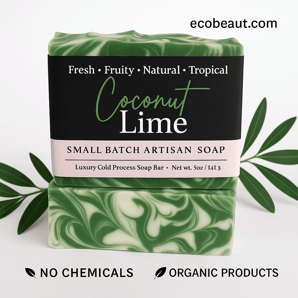 Coconut Lime small batch artisan soap with green and white swirls, set against a white background with leaves. ecobeaut.com appears in the top right corner, with eco-labels 'NO CHEMICALS' and 'ORGANIC PRODUCTS' at the bottom.