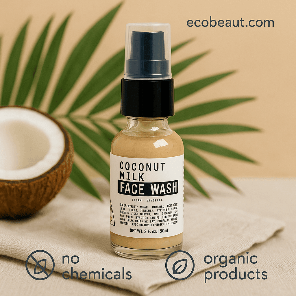 Coconut Milk Face Wash bottle placed on beige fabric with coconut half and palm leaves – ecobeaut.com, no chemicals, organic products