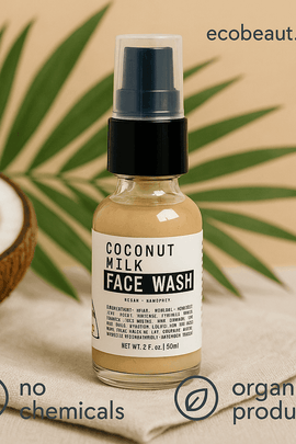 Coconut Milk Face Wash bottle placed on beige fabric with coconut half and palm leaves – ecobeaut.com, no chemicals, organic products