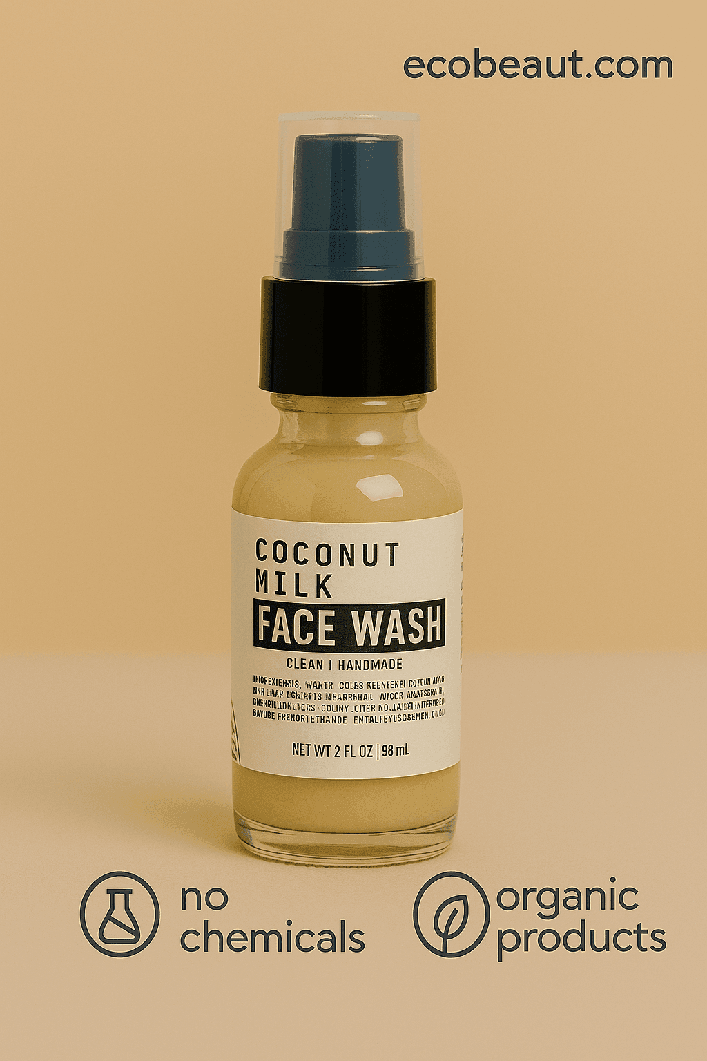 Coconut Milk Face Wash in a clear bottle with black pump on beige background, labeled as no chemicals and organic product, with ecobeaut.com in the top right corner