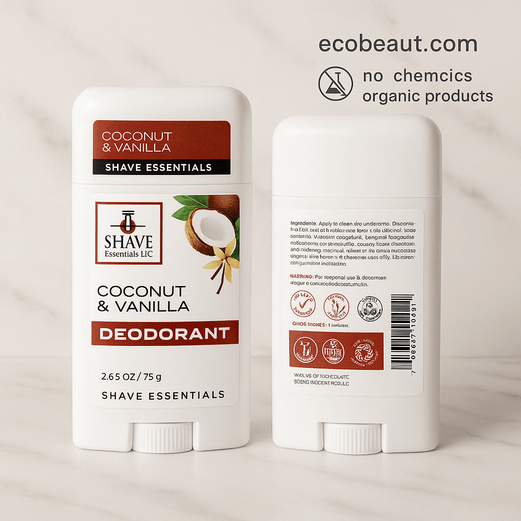 Coconut & Vanilla deodorant by Shave Essentials – organic, natural formula with front and ingredients view – ecobeaut.com, no chemicals, organic products