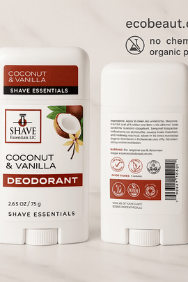 Coconut & Vanilla deodorant by Shave Essentials – organic, natural formula with front and ingredients view – ecobeaut.com, no chemicals, organic products