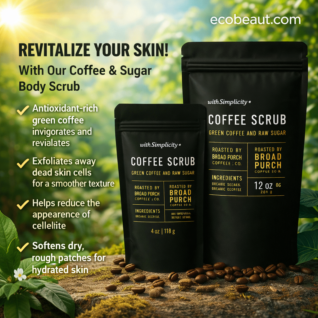 Coffee and sugar body scrub packages with greenery in the background