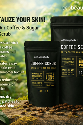 Coffee and sugar body scrub packages with greenery in the background