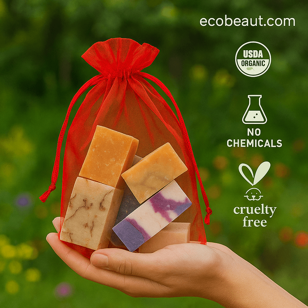 Colorful 1 LB handmade soap gift samples in a red mesh bag, displayed flat with decorative green leaves – ecobeaut.com