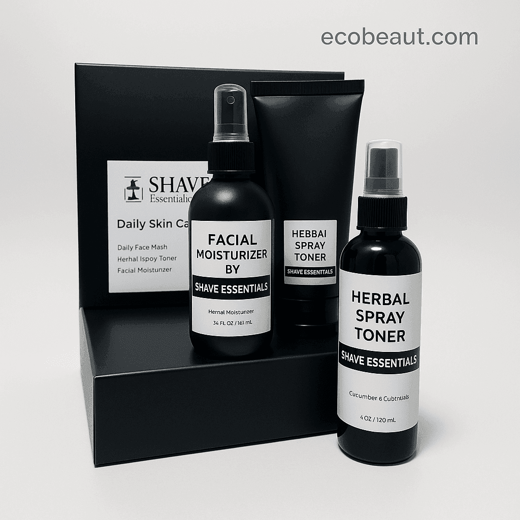 Complete Daily Skin Care Kit by Shave Essentials, including facial moisturizer, daily face wash, and herbal spray toner, elegantly displayed with black packaging and ecobeaut.com branding in the top right corner.