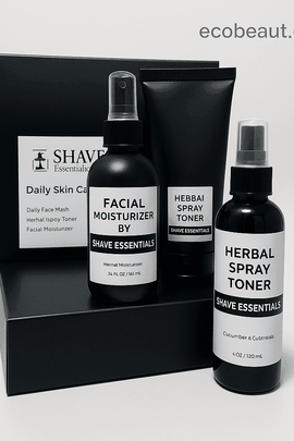 Complete Daily Skin Care Kit by Shave Essentials, including facial moisturizer, daily face wash, and herbal spray toner, elegantly displayed with black packaging and ecobeaut.com branding in the top right corner.