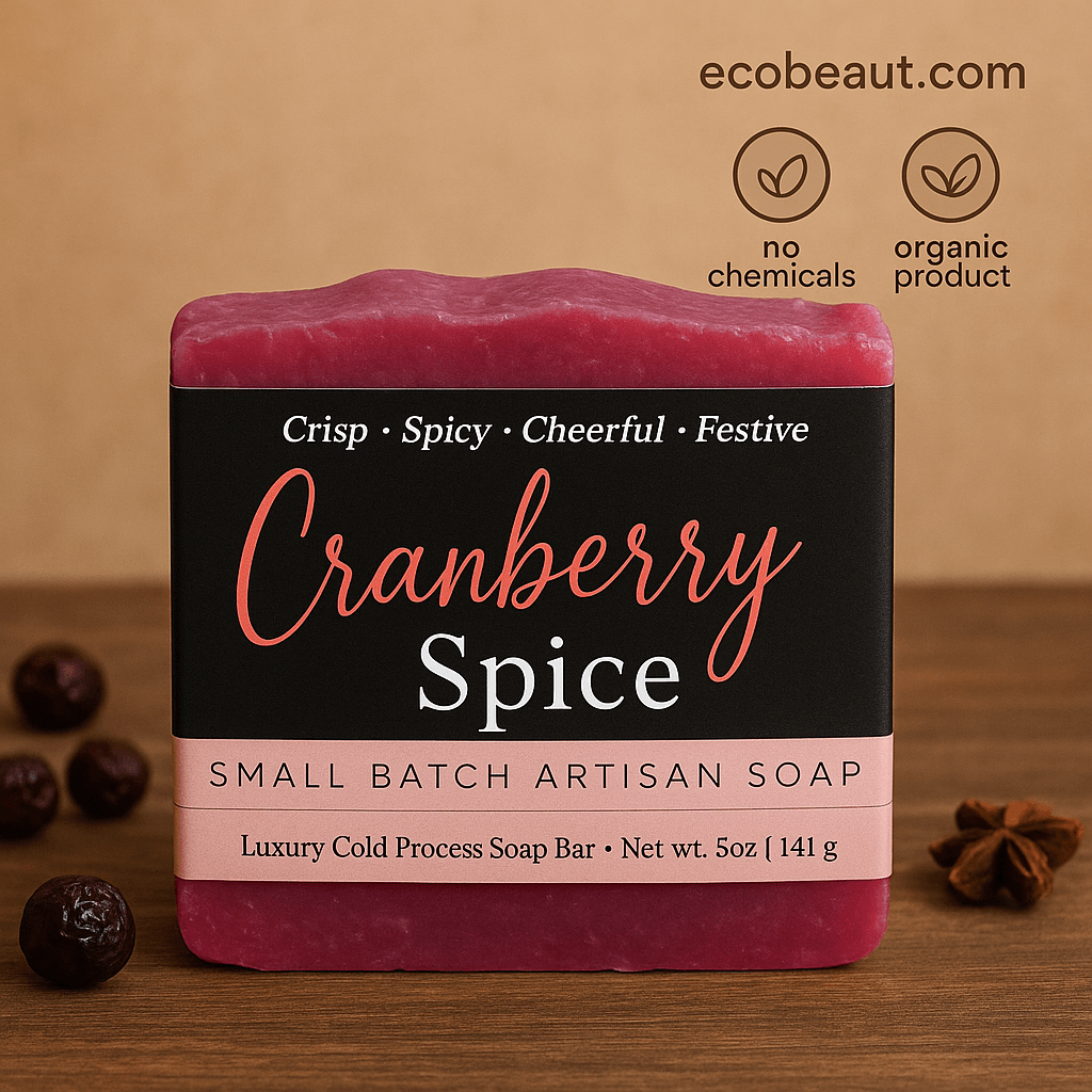 Cranberry Spice artisan soap bar on a plain wooden surface with minimal decor, showing clean packaging labeled "no chemicals", "organic product", and ecobeaut.com in the top right corner.