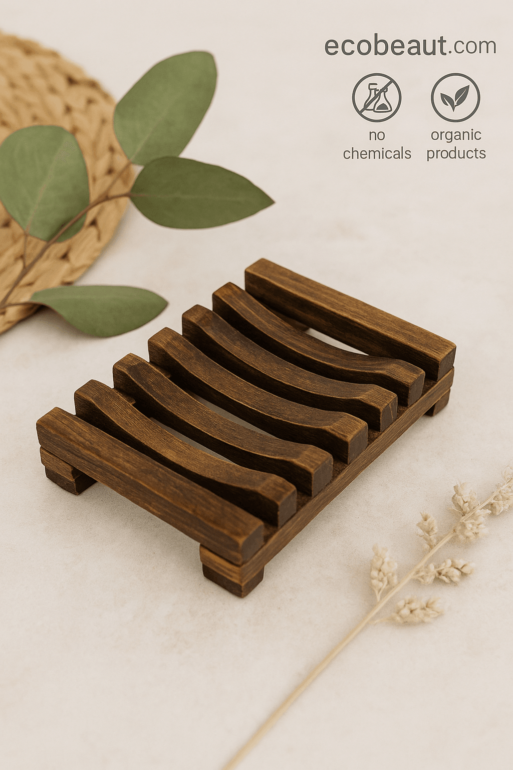 Curved bamboo soap dish on neutral background with eco leaves and dried flowers – sustainable wooden soap holder, organic and plastic-free