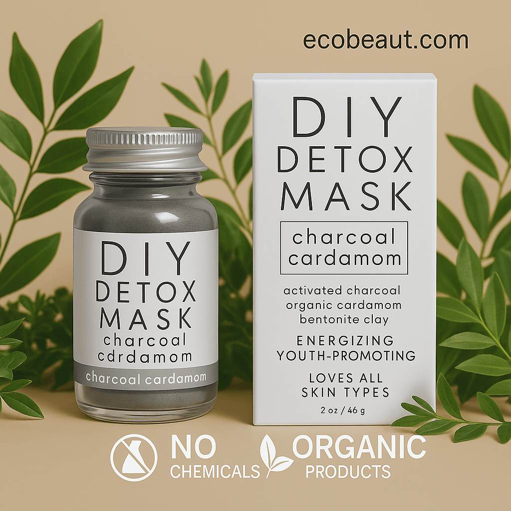 DIY Detox Mask with charcoal and cardamom in a clear jar and box, displayed on a beige background surrounded by green leaves, with ecobeaut.com in the top right corner and icons for NO CHEMICALS and ORGANIC PRODUCTS at the bottom