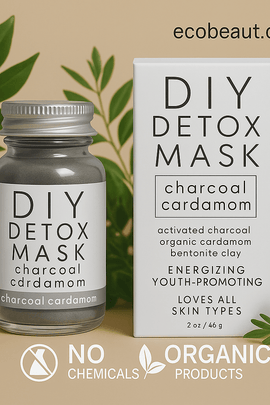DIY Detox Mask with charcoal and cardamom in a clear jar and box, displayed on a beige background surrounded by green leaves, with ecobeaut.com in the top right corner and icons for NO CHEMICALS and ORGANIC PRODUCTS at the bottom