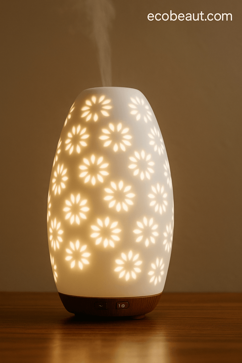 Daisy ceramic essential oil diffuser glowing softly on a wooden tray with fresh flowers and essential oil bottles, labeled ecobeaut.com