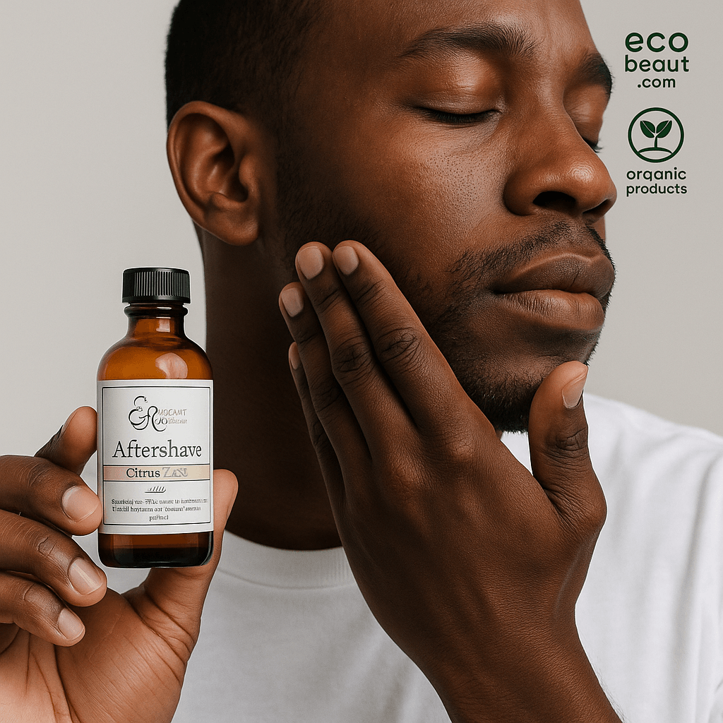 Dark-skinned man applying Citrus Zest Aftershave – organic and chemical-free skincare by ecobeaut.com