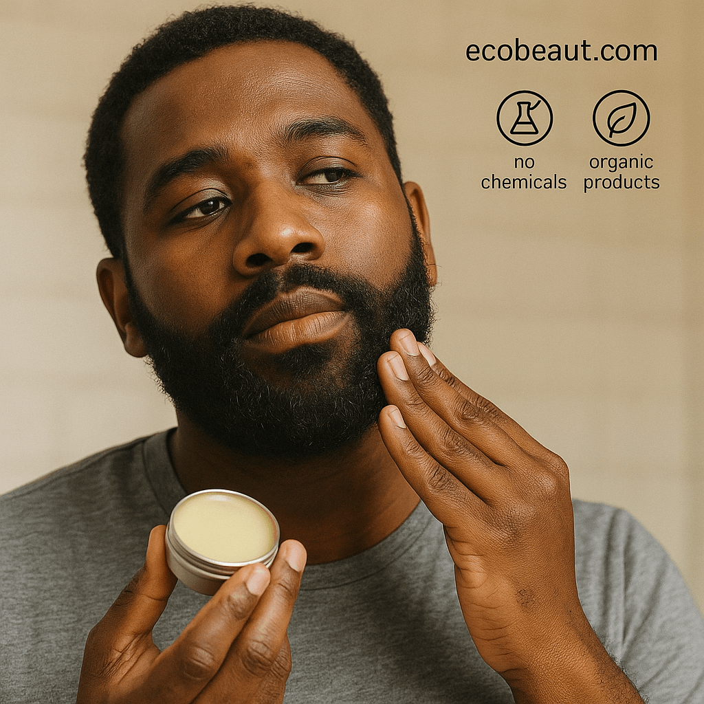 Dark-skinned man applying Shave Essentials All-Natural Beard Balm to his beard, holding an open tin in one hand with ecobeaut.com, no chemicals, and organic products icons in the background.