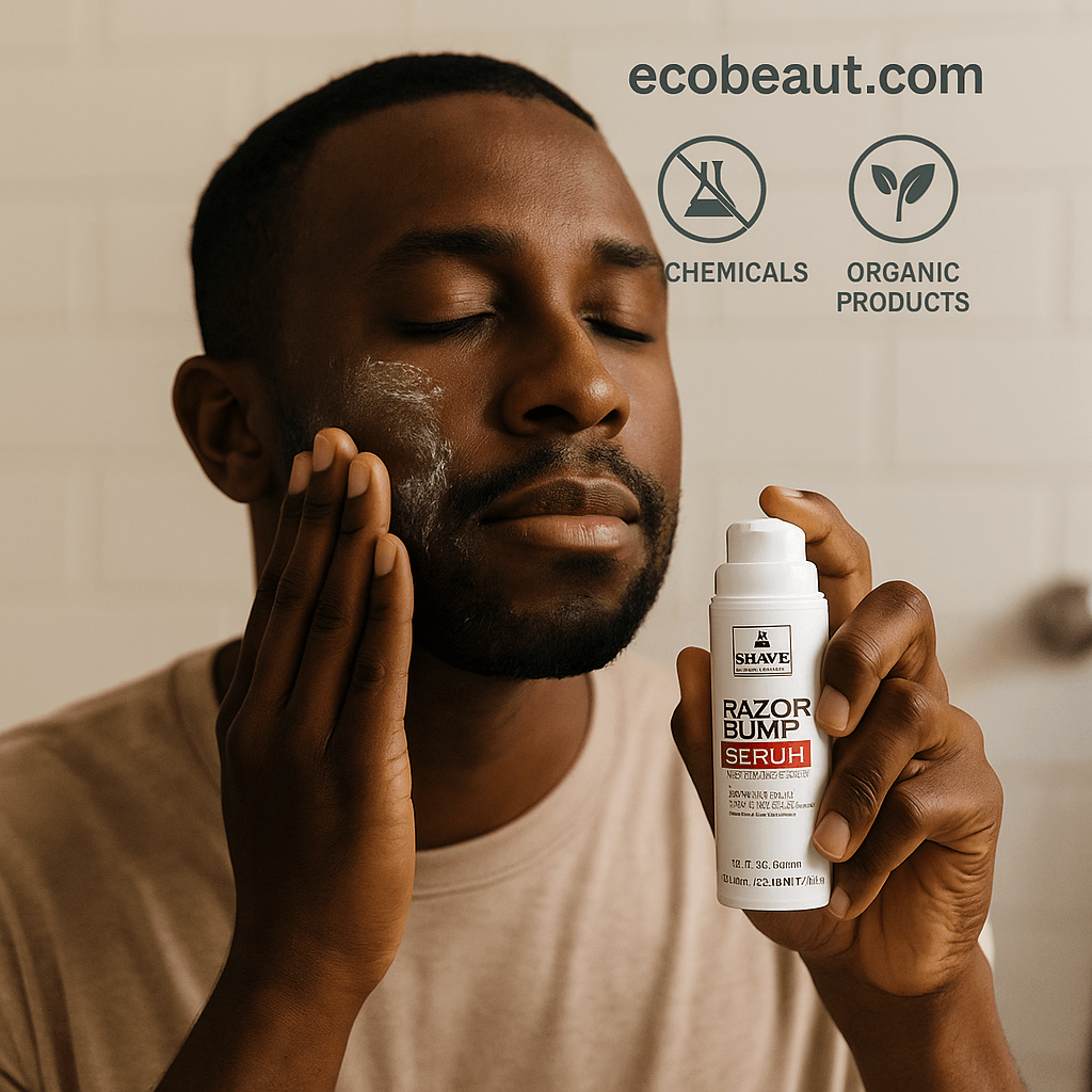Dark-skinned man applying Shave Essentials Razor Bump Serum to his face in a bright bathroom, gently massaging the product into his skin with ecobeaut.com, no chemicals, and organic products icons in the top-right corner.