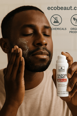 Dark-skinned man applying Shave Essentials Razor Bump Serum to his face in a bright bathroom, gently massaging the product into his skin with ecobeaut.com, no chemicals, and organic products icons in the top-right corner.