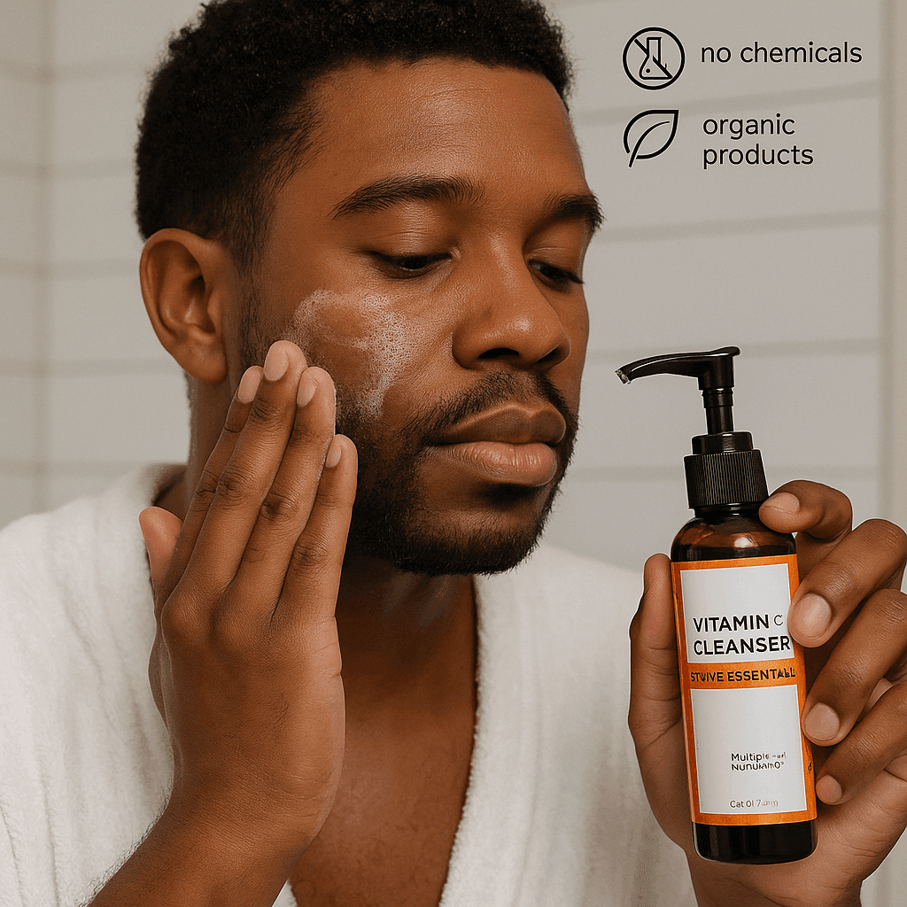 Dark-skinned man applying Shave Essentials Vitamin C Cleanser to his face in a clean bathroom, holding the amber bottle and massaging the foamy product into his skin, with no chemicals and organic products icons.