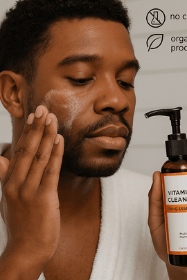 Dark-skinned man applying Shave Essentials Vitamin C Cleanser to his face in a clean bathroom, holding the amber bottle and massaging the foamy product into his skin, with no chemicals and organic products icons.
