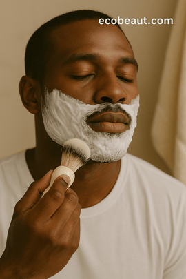 Dark-skinned man grooming with premium shaving essentials kit – ecobeaut.com