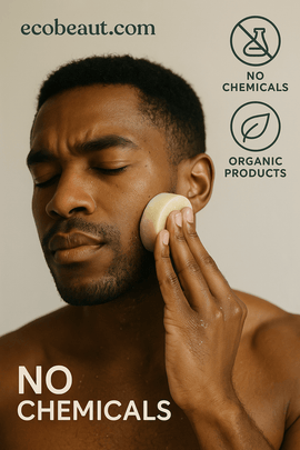 Dark-skinned man using natural soap bar on face – organic, chemical-free skincare from ecobeaut.com