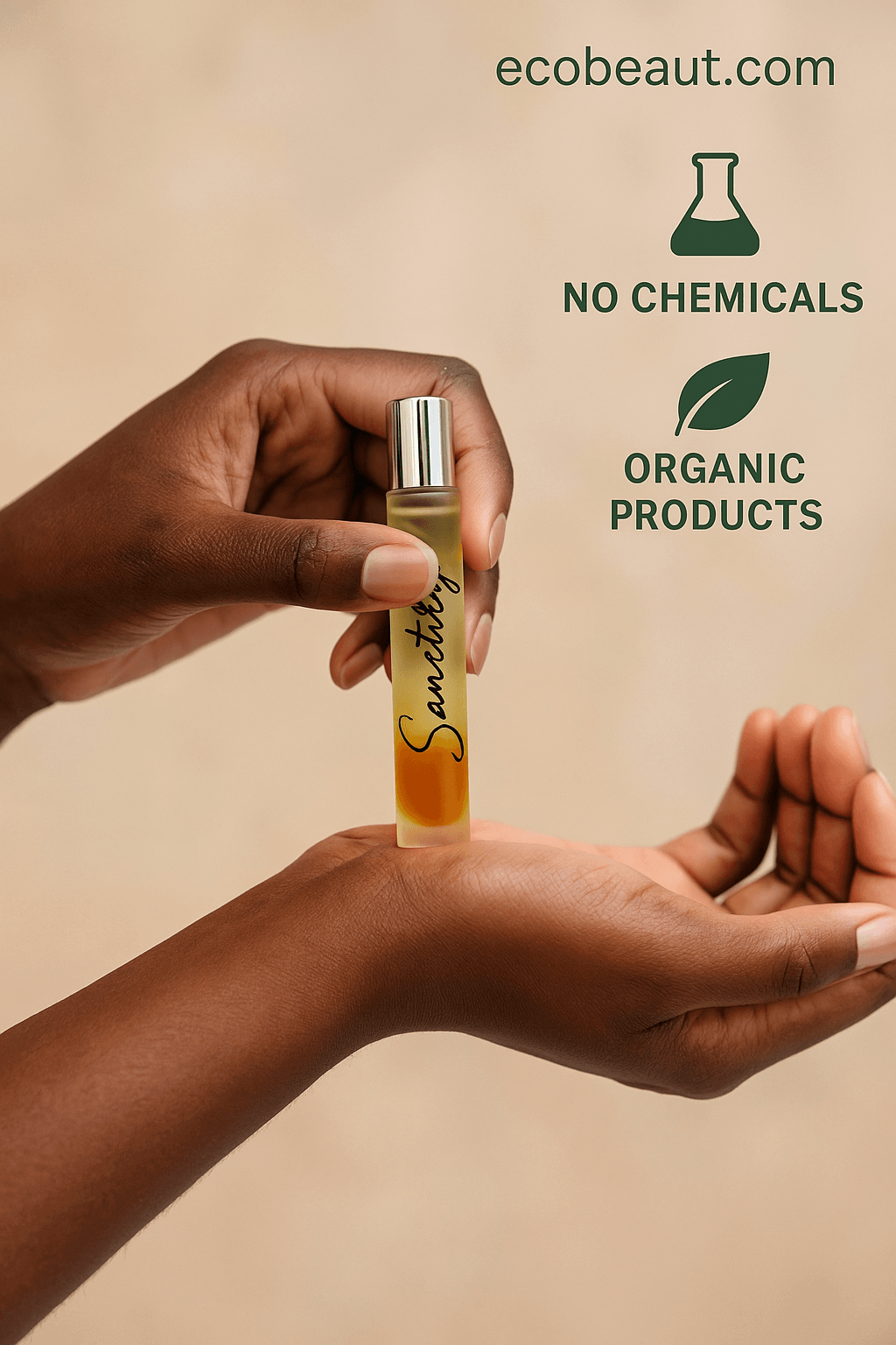 Sanctify Rollerball Perfume - Palo Santo, Bergamot, Patchouli & Cedarwood held in hand, showcasing organic products.